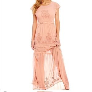Altar’d State Peach Lycee Embroidered Ruffle Maxi Dress Size Small